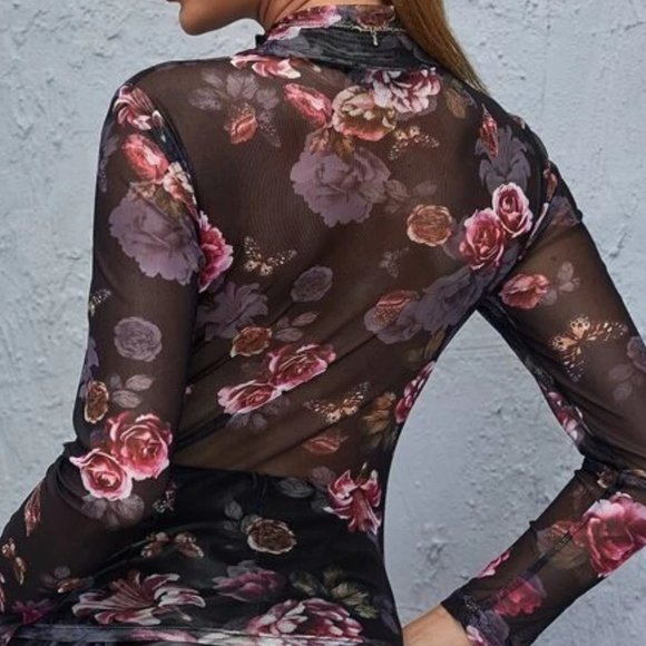 Black Floral Sheer Mesh Top in M and L - Picture 2 of 2